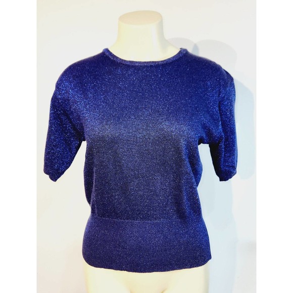 Vintage Womens Chause Blue Glitter Sparkly Stretch Short Sleeve Dress Shirt M - Picture 1 of 16